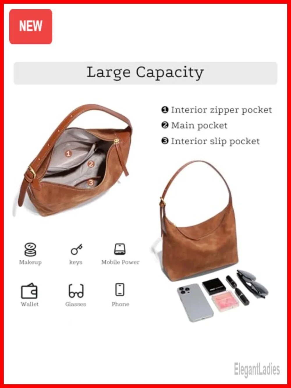 Faux Suede Hobo Bag with 2 Adjustable Straps Lightweight Soft Crossbody